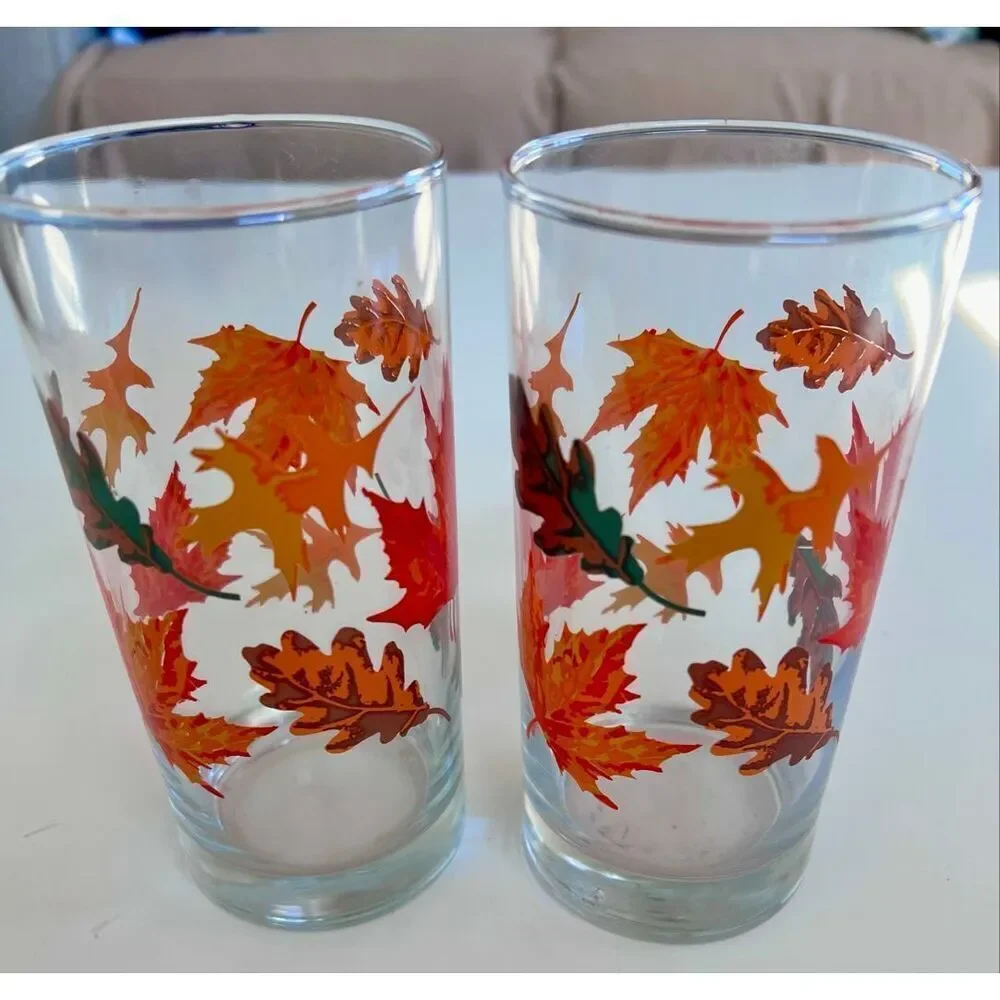 2 Vintage  Libbey Crisa Autumn Fall Leaves Highball Glasses.